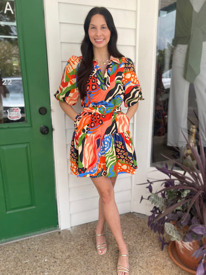 RED MULTI PRINTED BUBBLE SLEEVE AZULA MINI DRESS