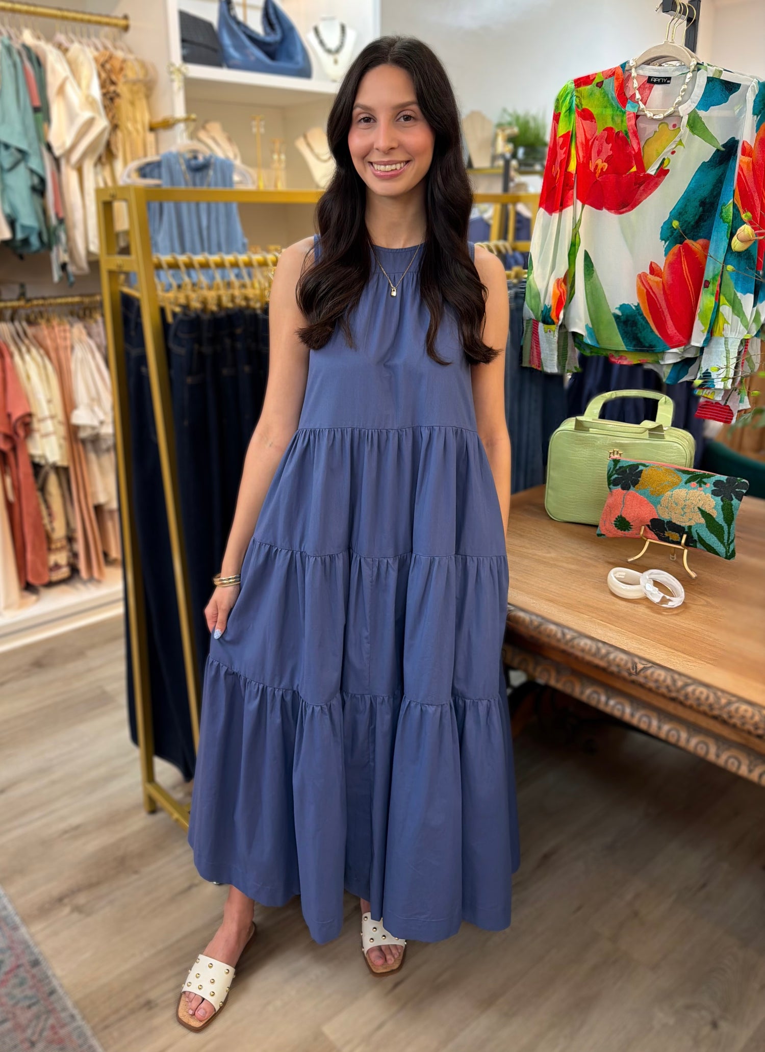 NAVY POPLIN TIERED A-LINE SLEEVELESS MAXI DRESS