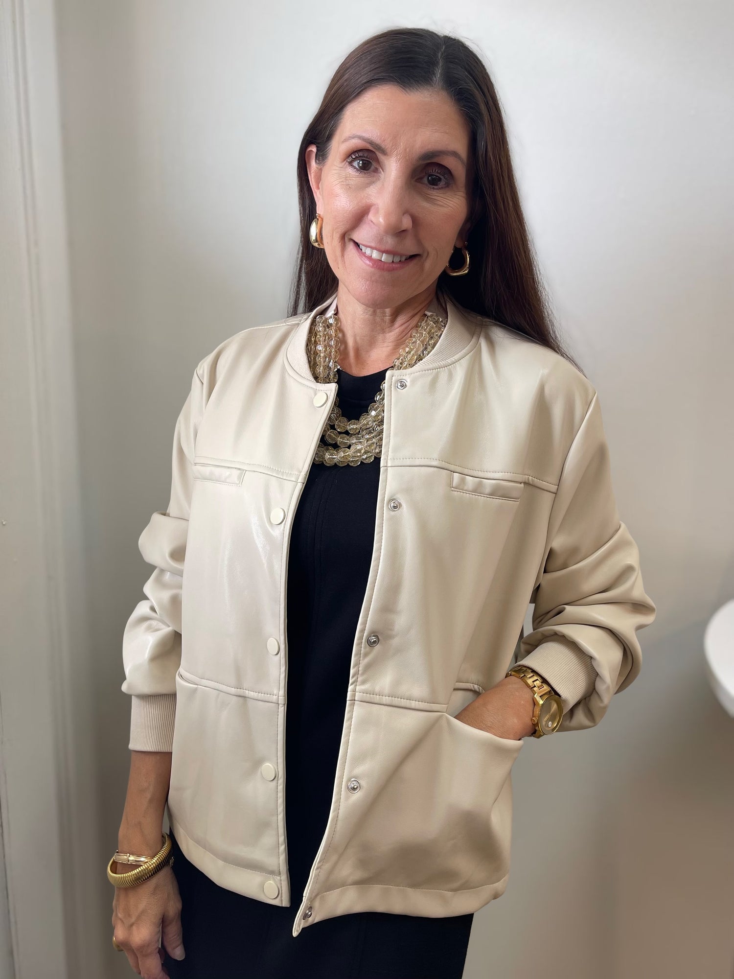 CREAM FAUX LEATHER FRONT SNAP BUTTON LONG SLEEVE OVERSIZED JACKET