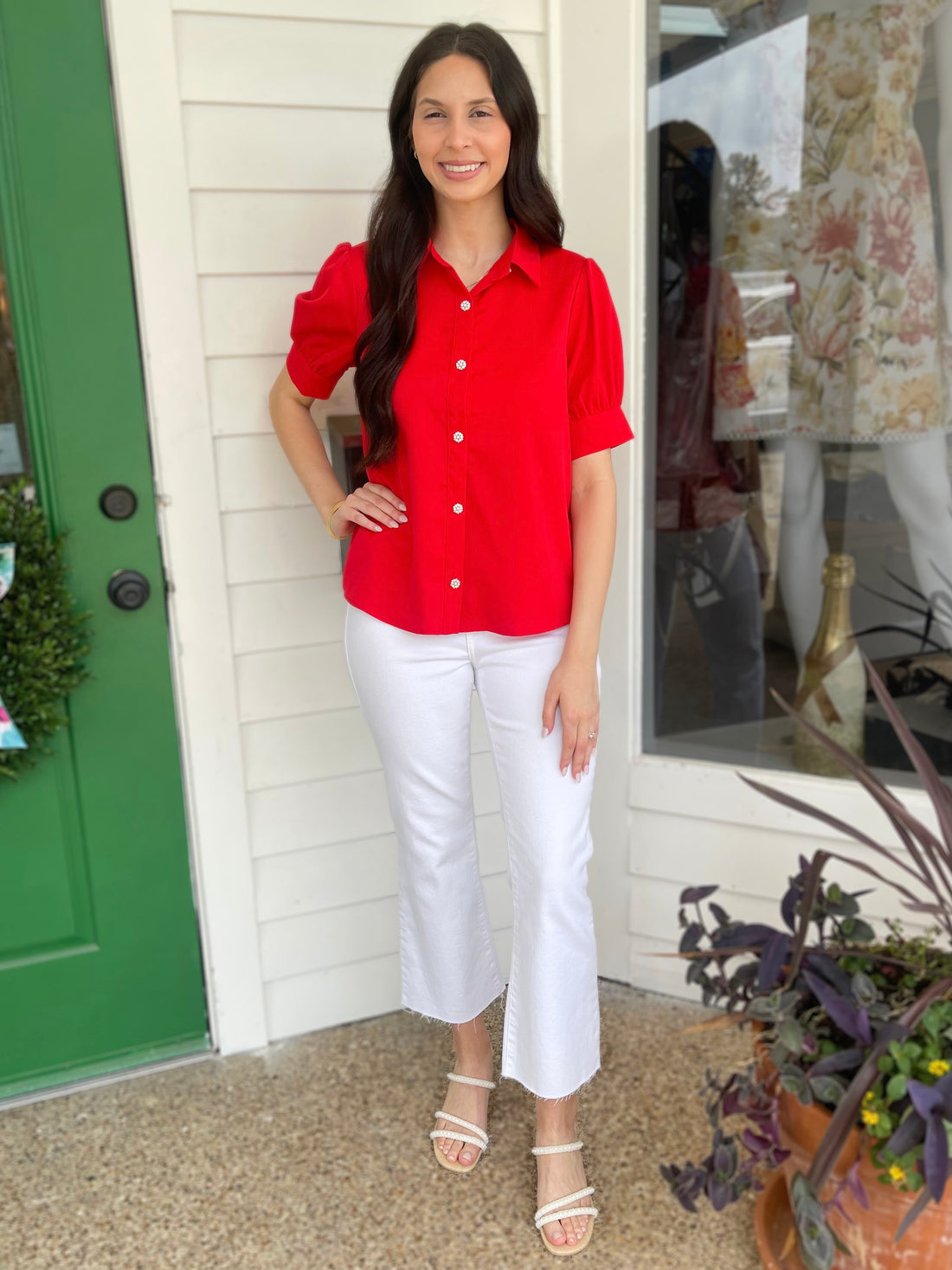 RED COLLARED PUFF SLEEVE PEARL BUTTON UP BLOUSE