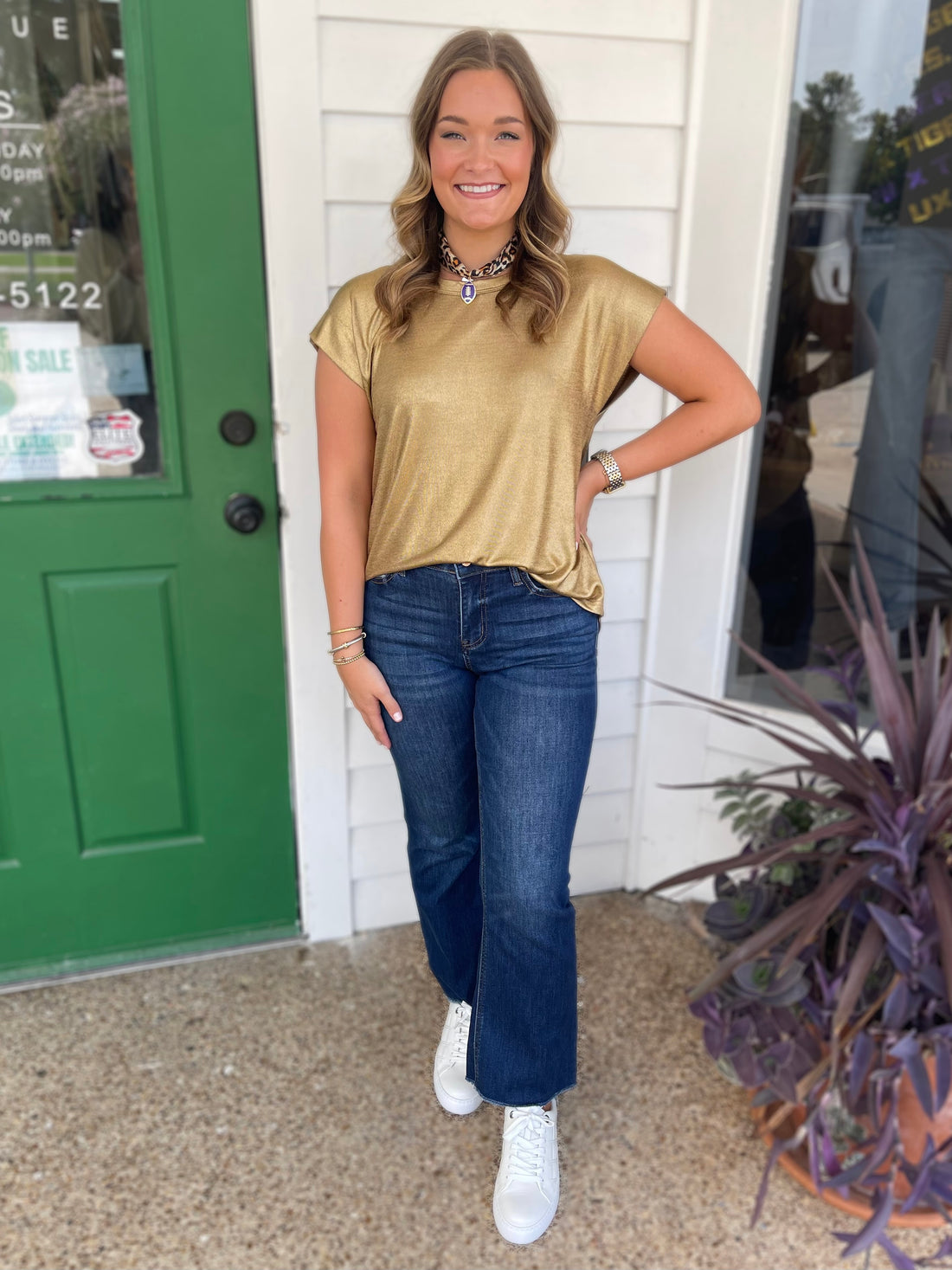 GOLD METALLIC KNIT SHORT DROP SHOULDER TOP