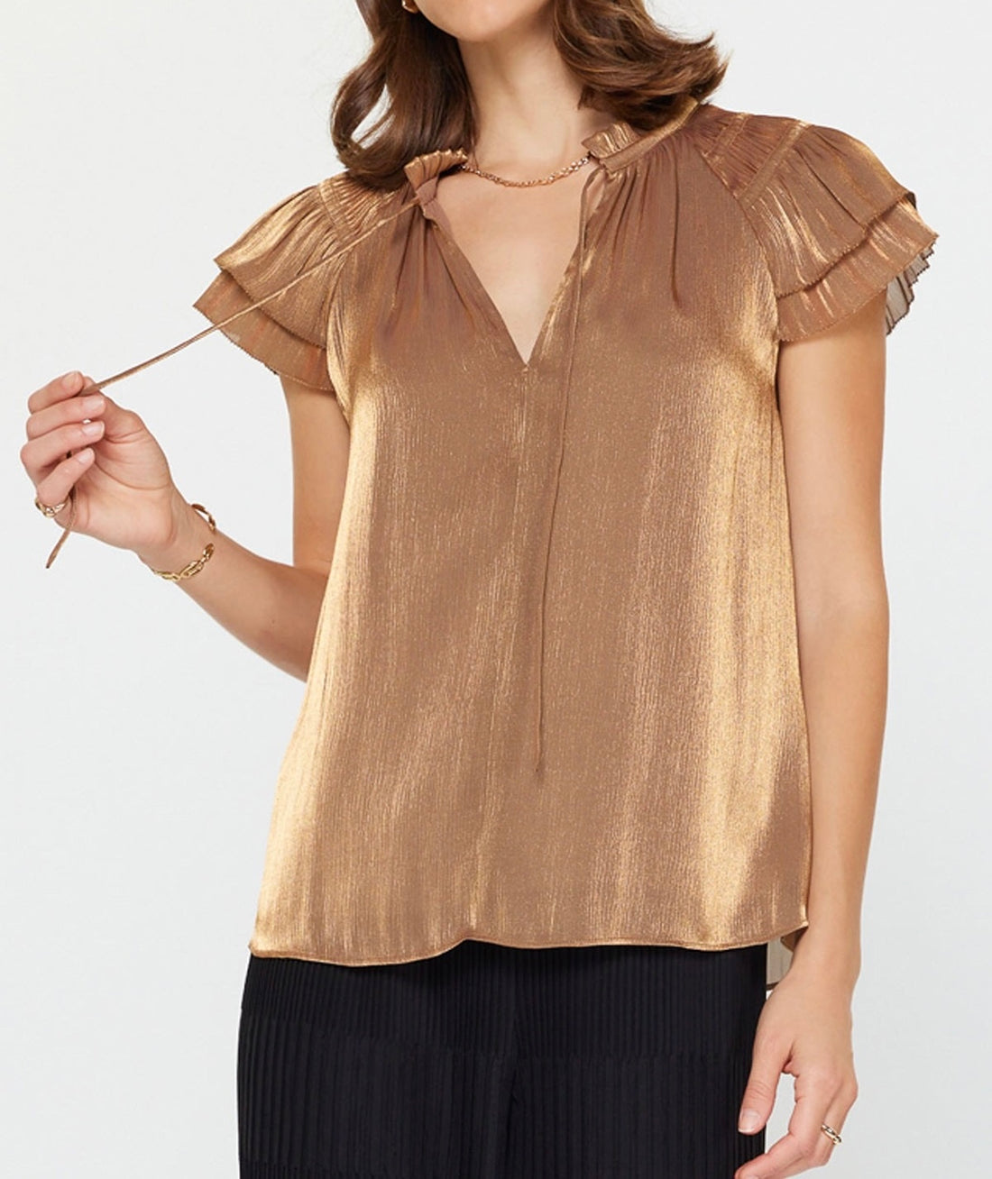 METALLIC GOLD TIE NECK RUFFLE SLEEVE TOP