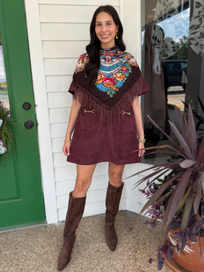 MERLOT SUEDE HORSE-BIT DETAIL PATCH POCKET SHORT SLEEVE MINI DRESS