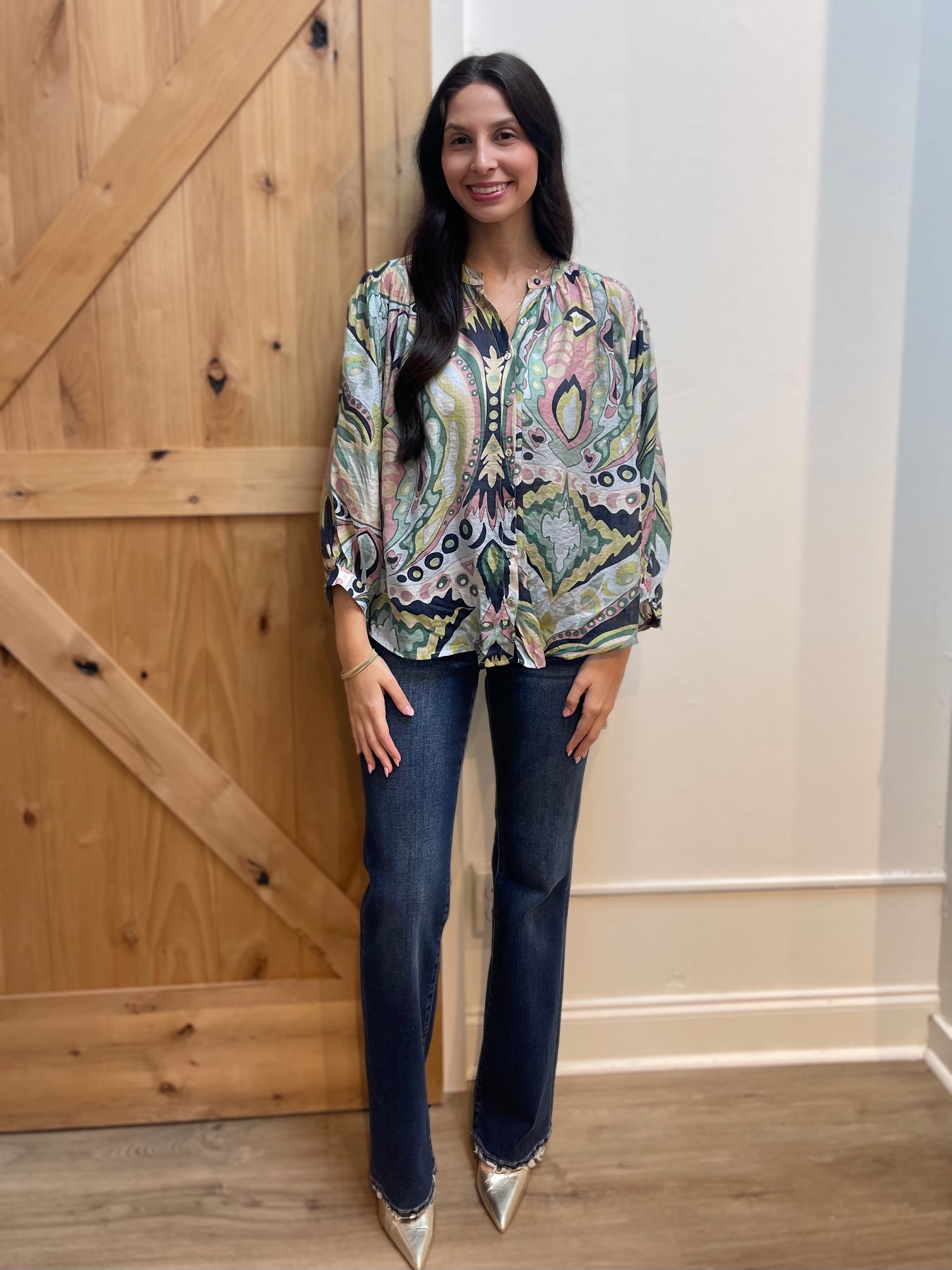 NAVY/MINT MULTI PRINT BATWING LONG SLEEVE BLOUSE