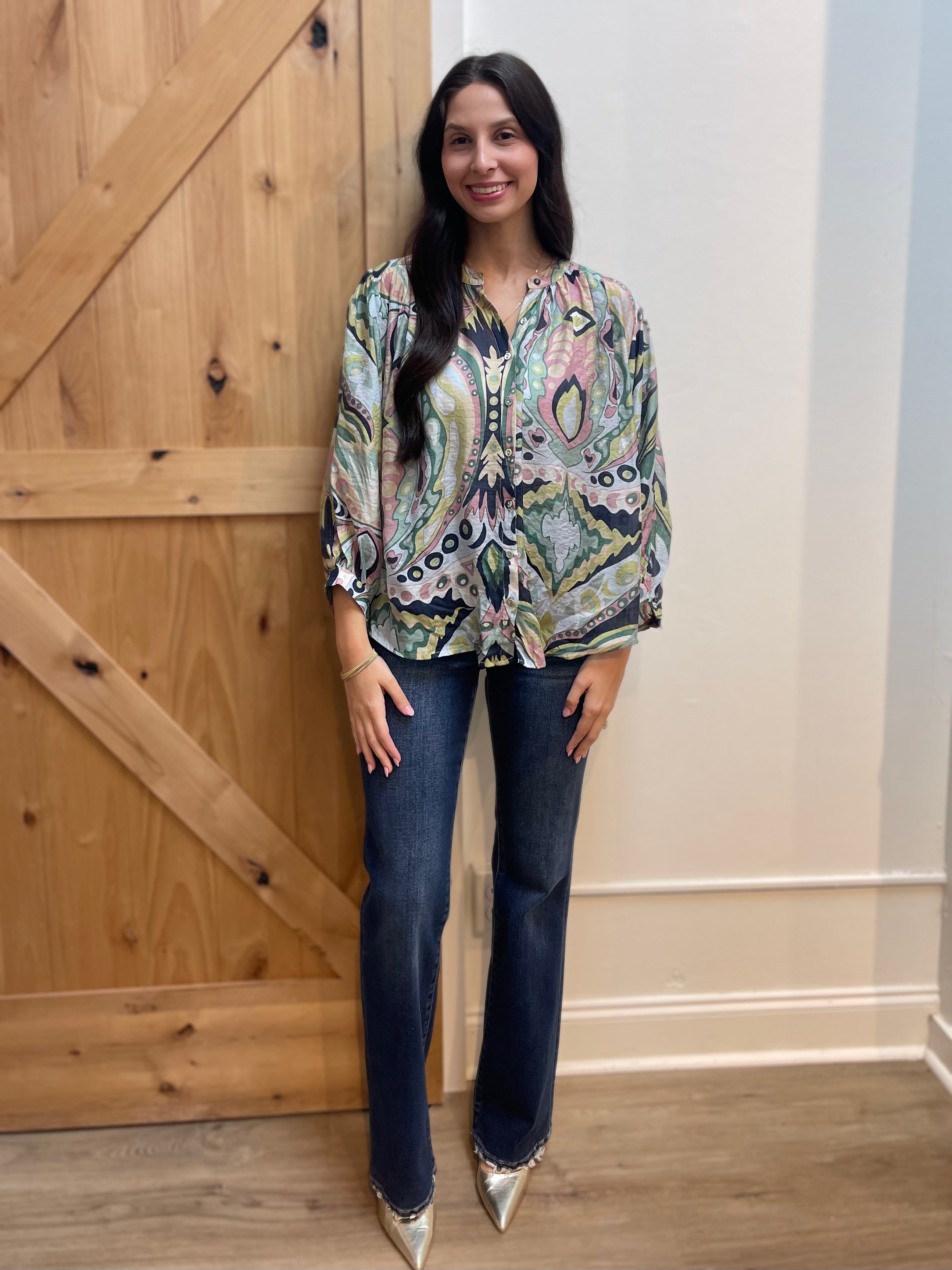 NAVY/MINT MULTI PRINT BATWING LONG SLEEVE BLOUSE