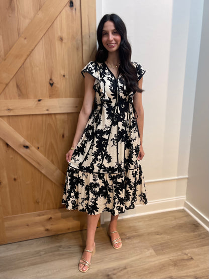 BLACK BOTANICAL FLORAL PRINT FLUTTER SLEEVE MIDI DRESS