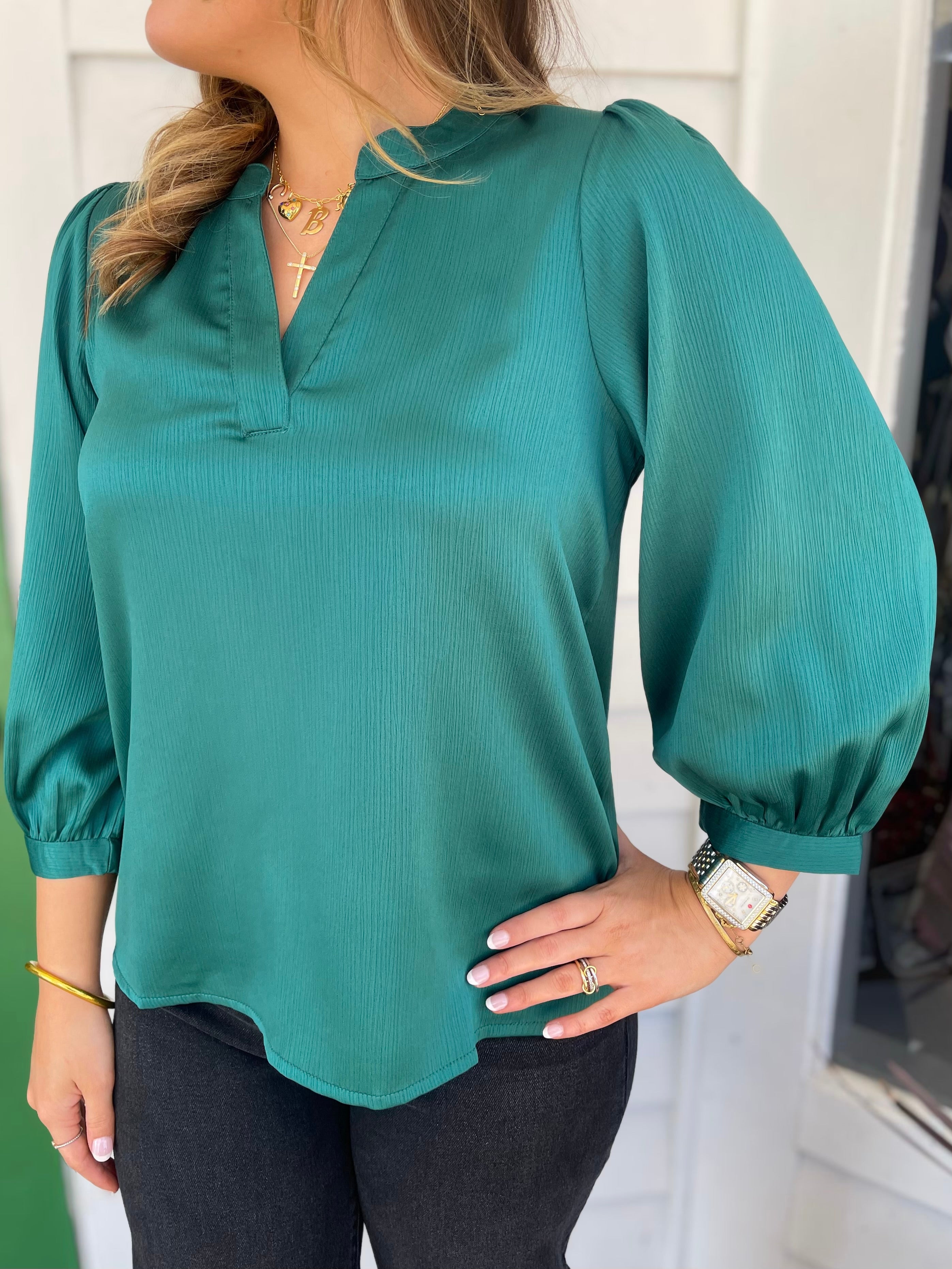 EMERALD GREEN BALLOON SLEEVE VERONICA TEXTURED TOP