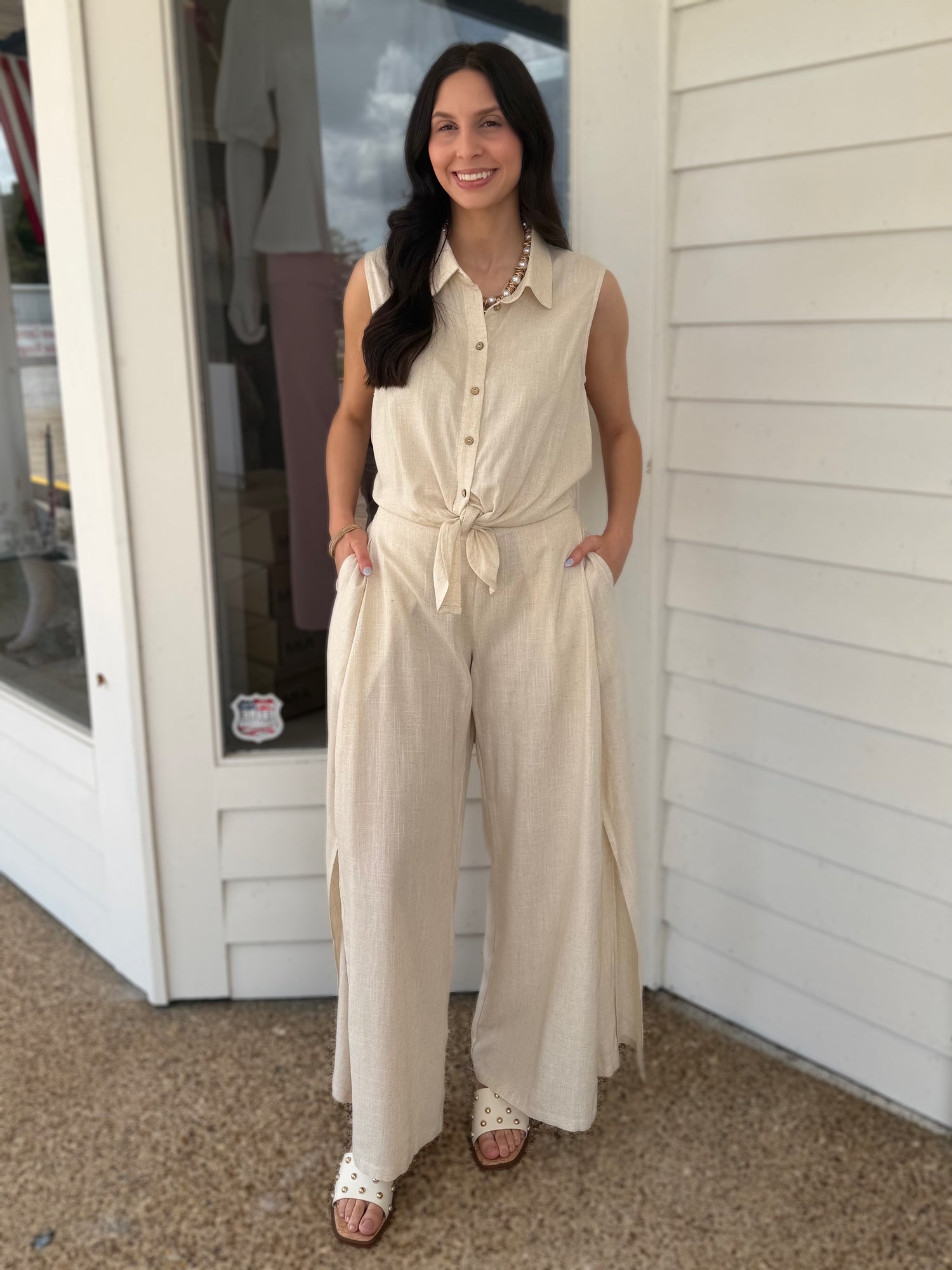 OATMEAL LINEN SLEEVELESS BUTTON UP TOP &amp; PANT SET