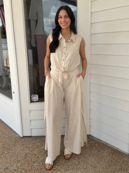 OATMEAL LINEN SLEEVELESS BUTTON UP TOP &amp; PANT SET
