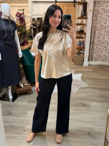 LIGHT TAUPE SATIN CREWNECK SHORT DOLMAN SLEEVE TOP