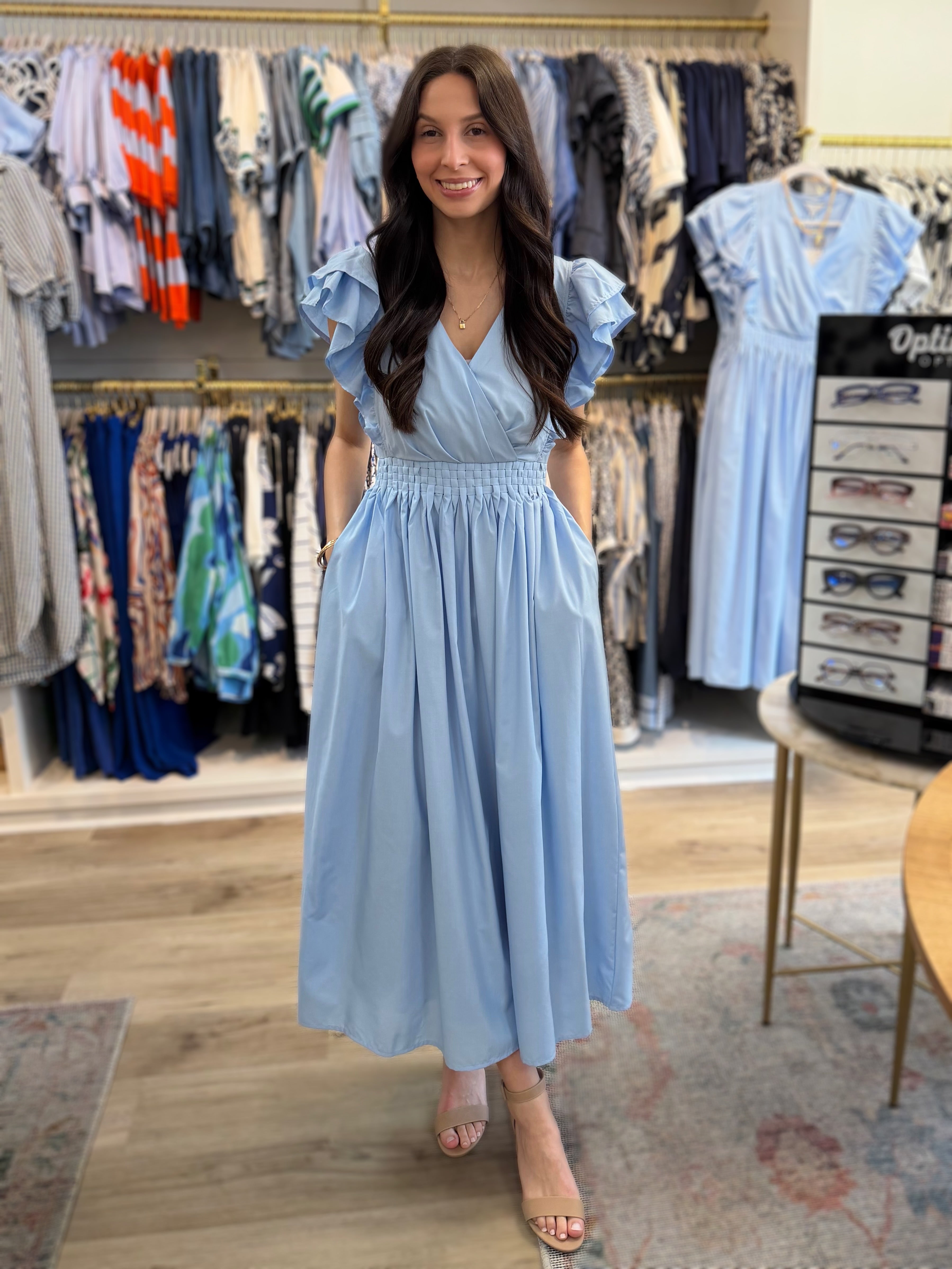 SKY BLUE RUED DETAIL RUFFLED SLEEVE MIDI DRESS
