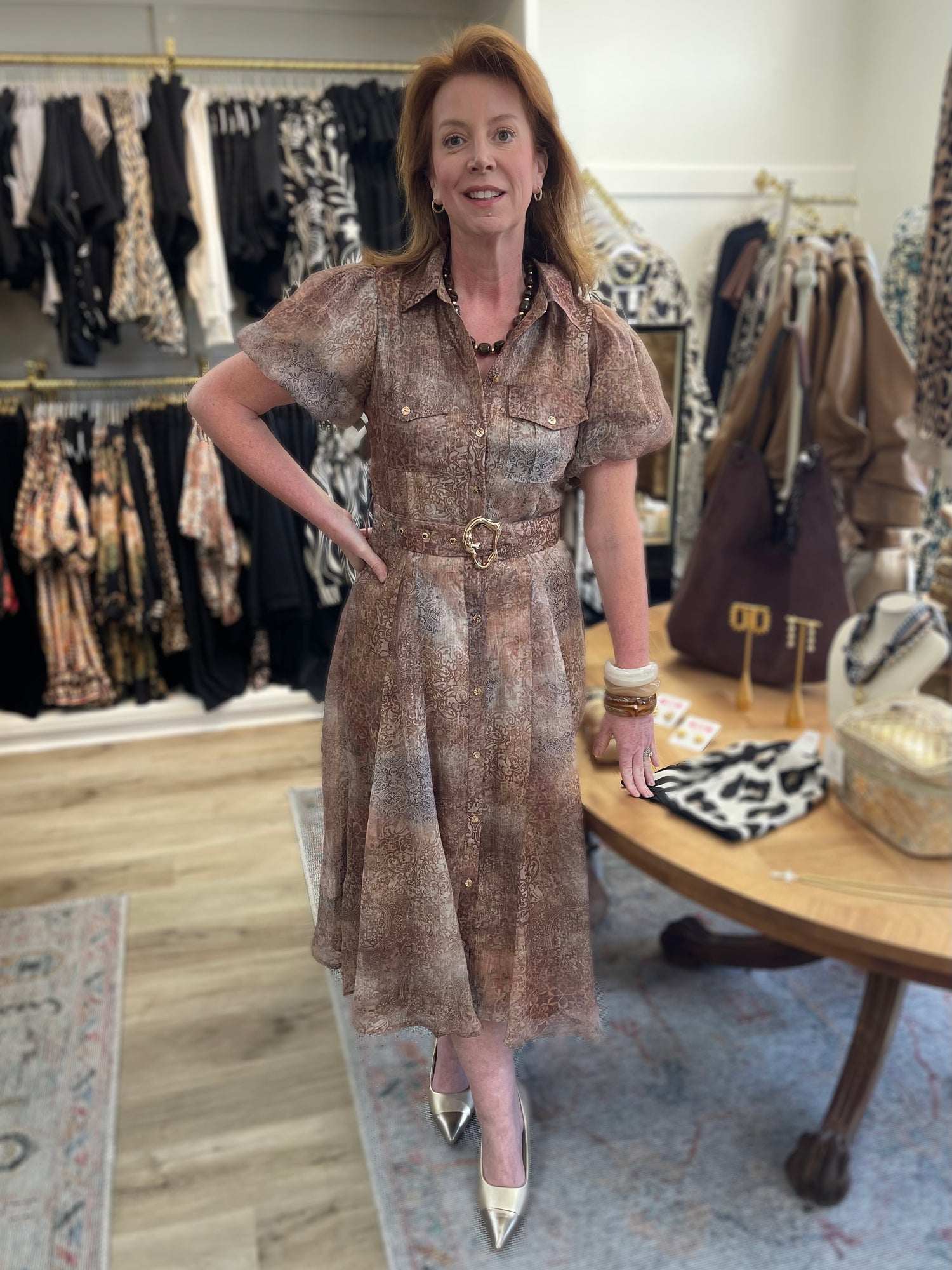 RUST MULTI PRINTED BUTTON UP SHORT PUFF SLEEVE MIDI DRESS