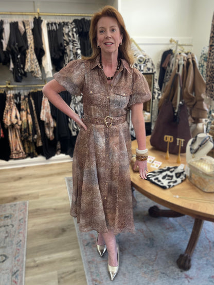 RUST MULTI PRINTED BUTTON UP SHORT PUFF SLEEVE MIDI DRESS