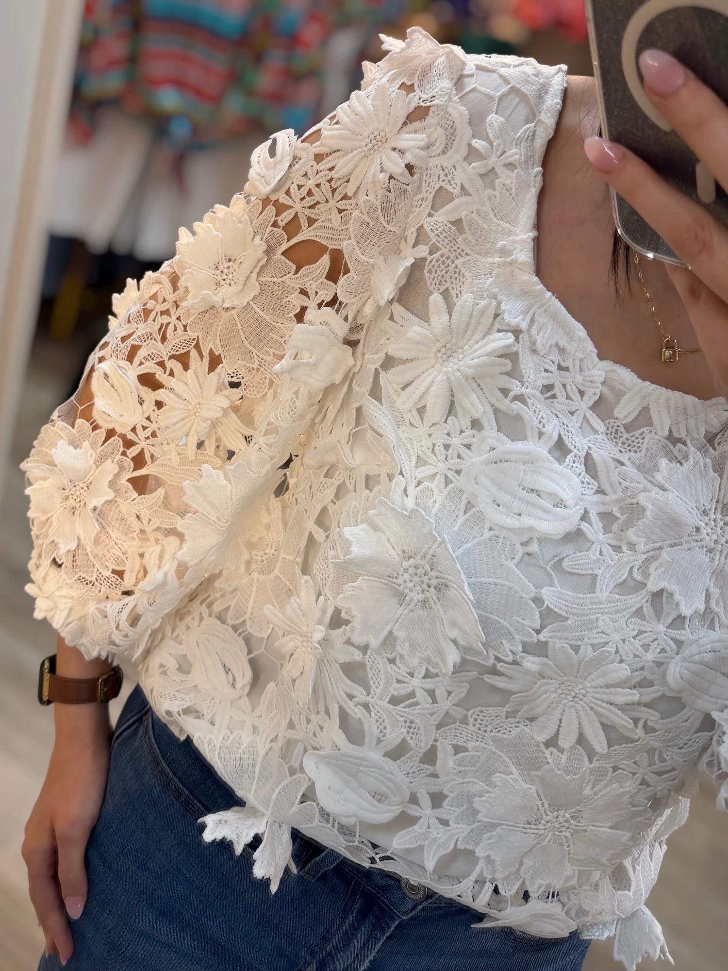OFF WHITE LACE BILLOWY SLEEVE SQUARE NECK TOP