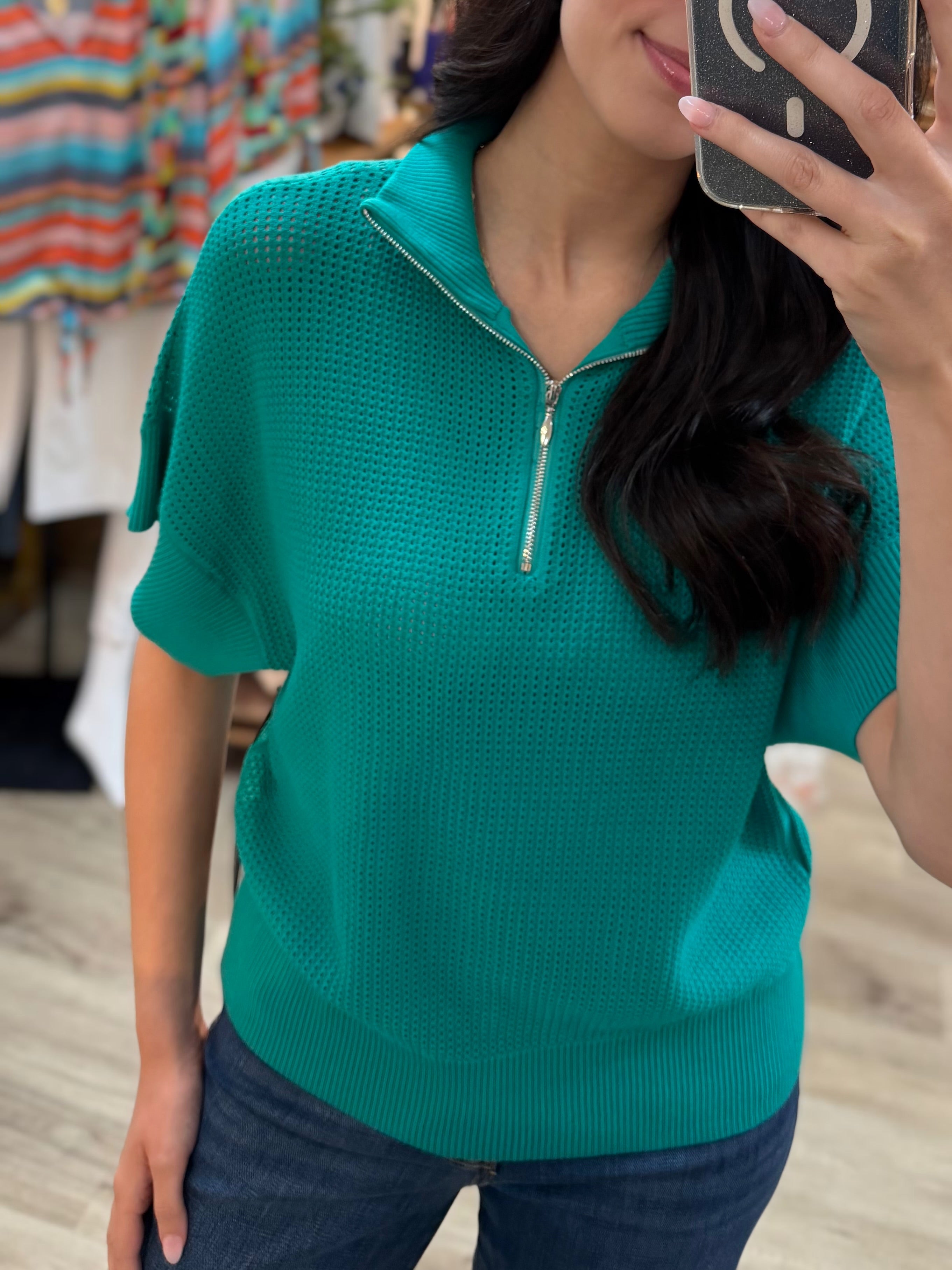 MINT GREEN 1/2 ZIP OPEN KNIT SWEATER TOP