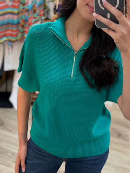 MINT GREEN 1/2 ZIP OPEN KNIT SWEATER TOP