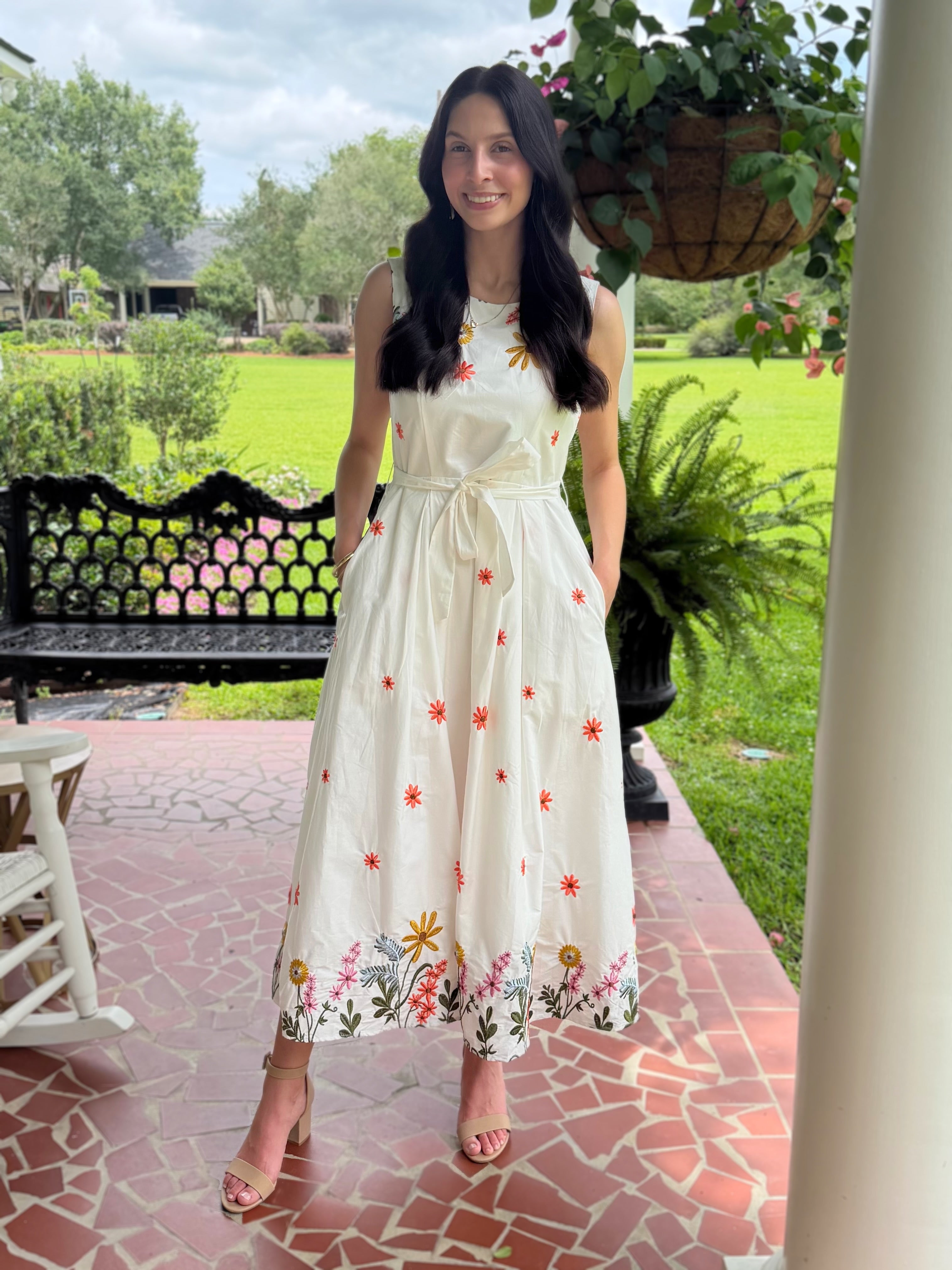 WHITE MULTI FLORAL EMBROIDERY WAIST TIE SLEEVELESS MIDI DRESS