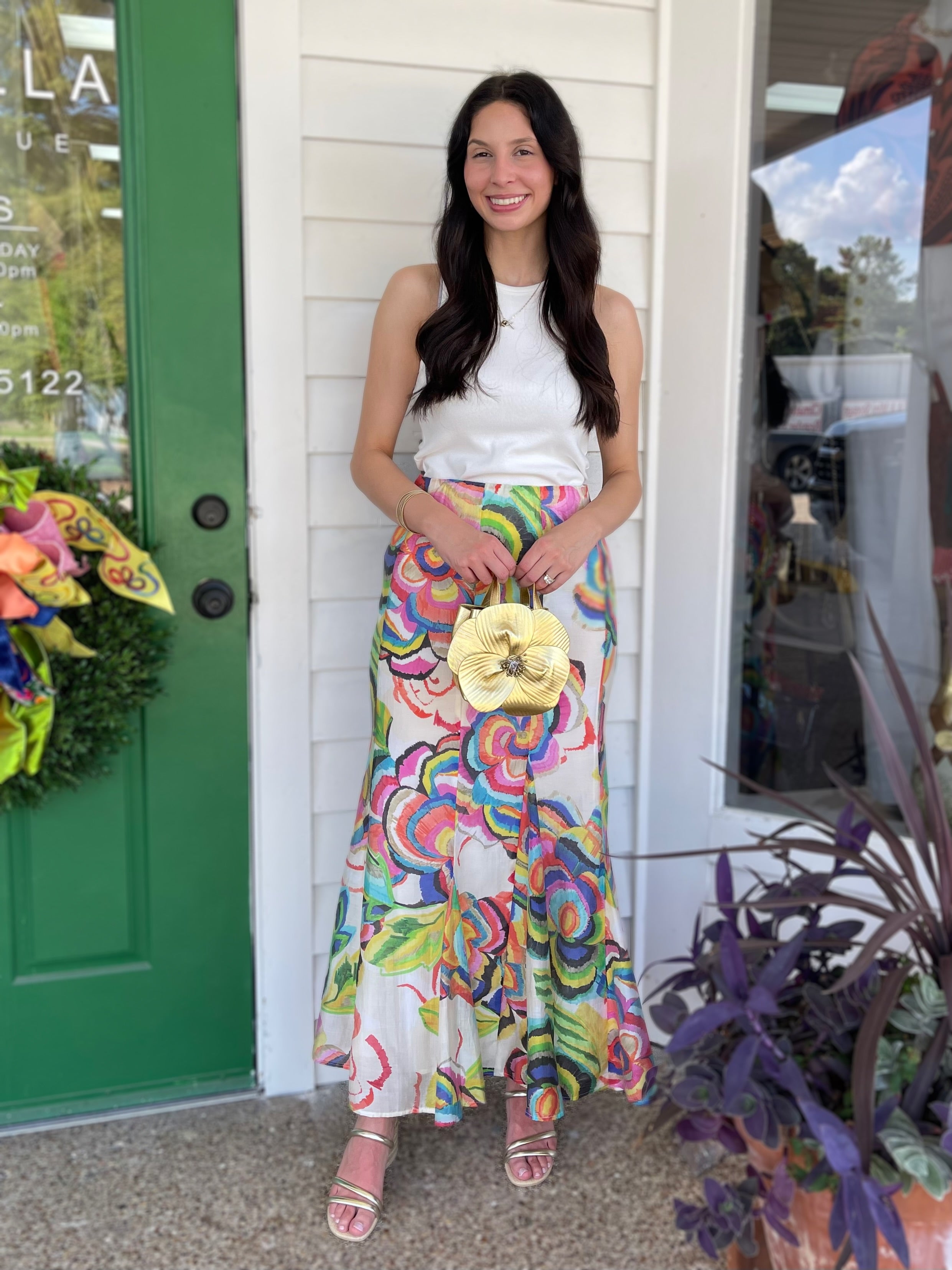 CREAM MULTI COLOR ANTONIA ABSTRACT FLORAL FLARE SKIRT