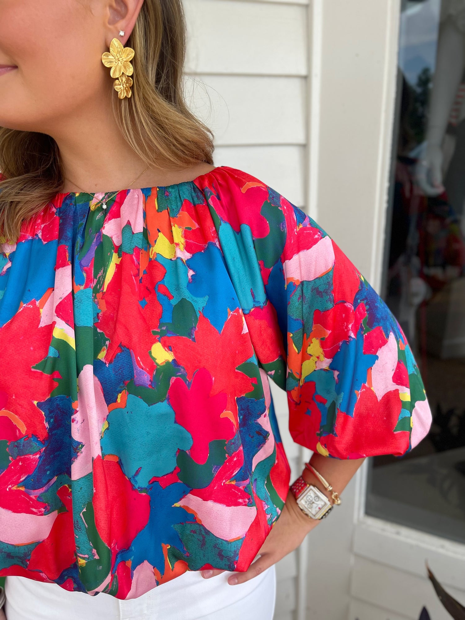RED MULTI ABSTRACT PRINT ELASTIC HEM PUFF SLEEVE TOP