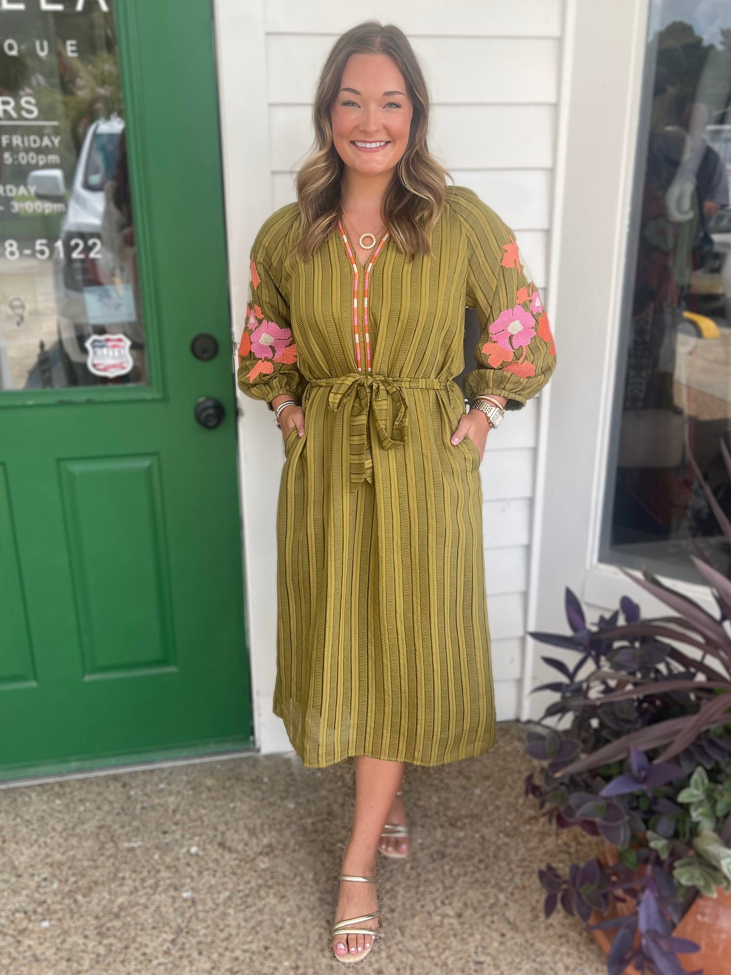 OLIVE GREEN STRIPE &amp; FLORAL EMBROIDERED PUFF SLEEVE MAXI DRESS