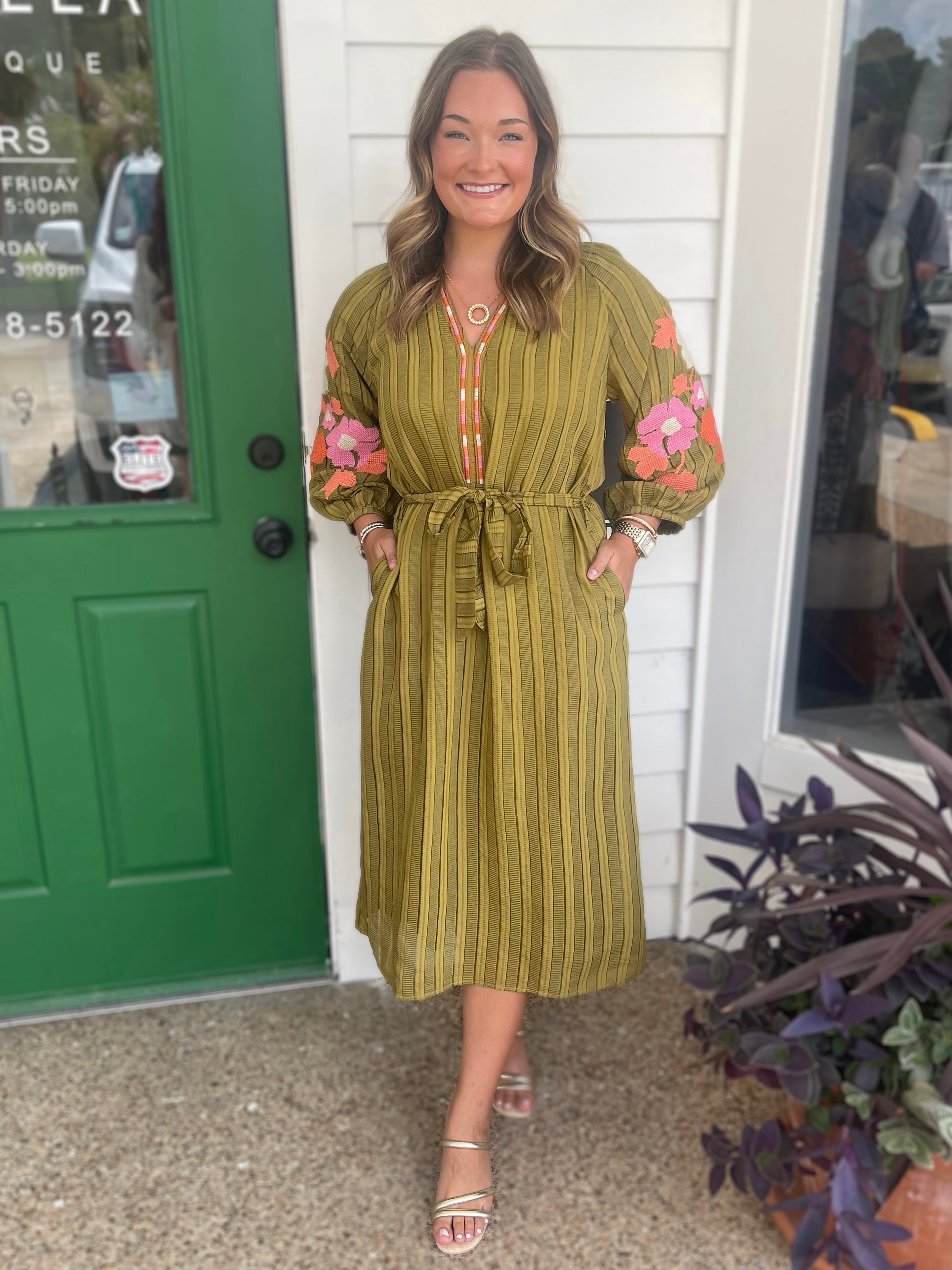 OLIVE GREEN STRIPE &amp; FLORAL EMBROIDERED PUFF SLEEVE MAXI DRESS