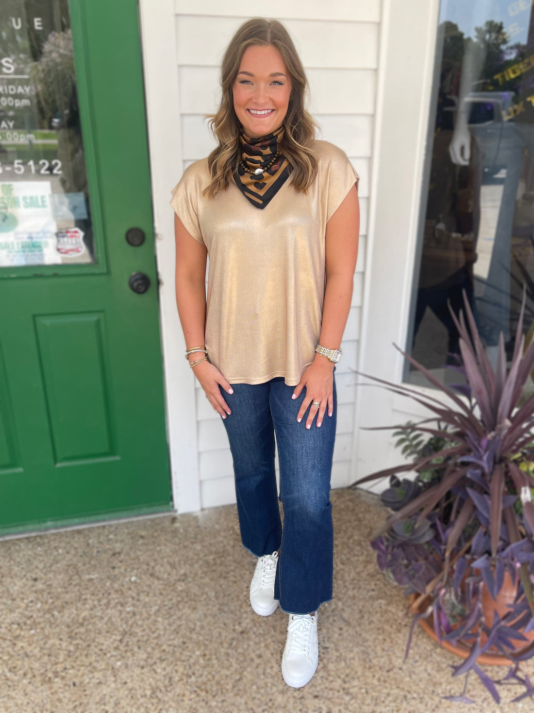 CHAMPAGNE METALLIC KNIT SHORT DROP SHOULDER TOP
