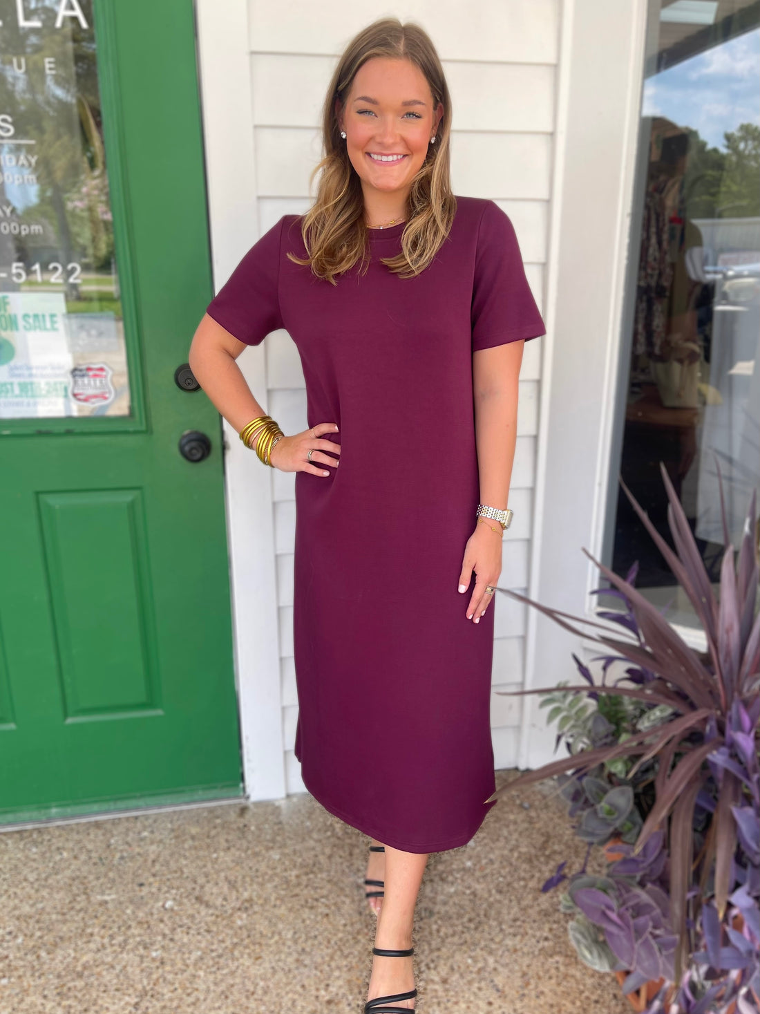 PORT WINE PCILL BUTTER MODAL SHORT SLEEVE CONTRAST RIB NECK MIDI DRESS
