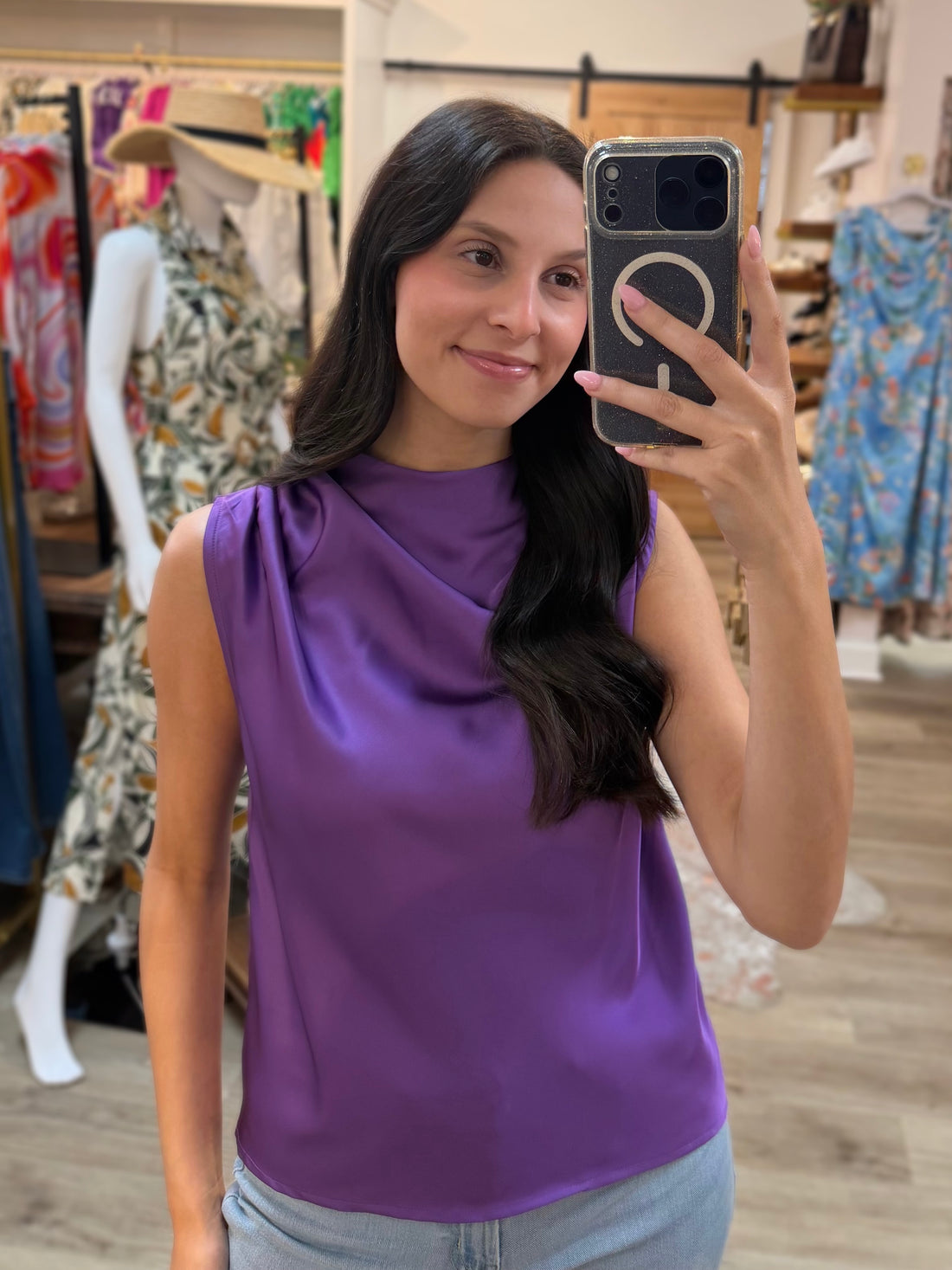 PURPLE SATIN MOCK COWL NECK SLEEVELESS TOP