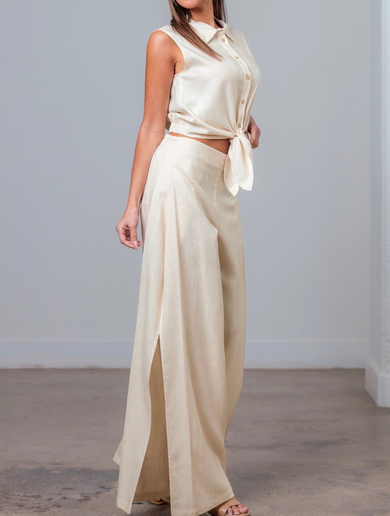 OATMEAL LINEN SLEEVELESS BUTTON UP TOP &amp; PANT SET