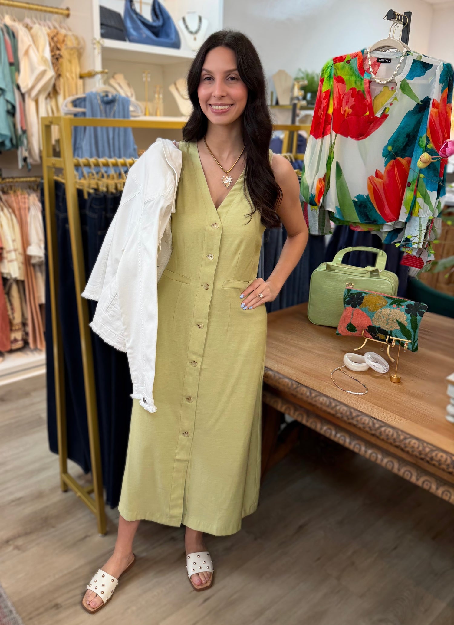 SAGE VNECK BUTTON UP SLEEVELESS MIDI DRESS