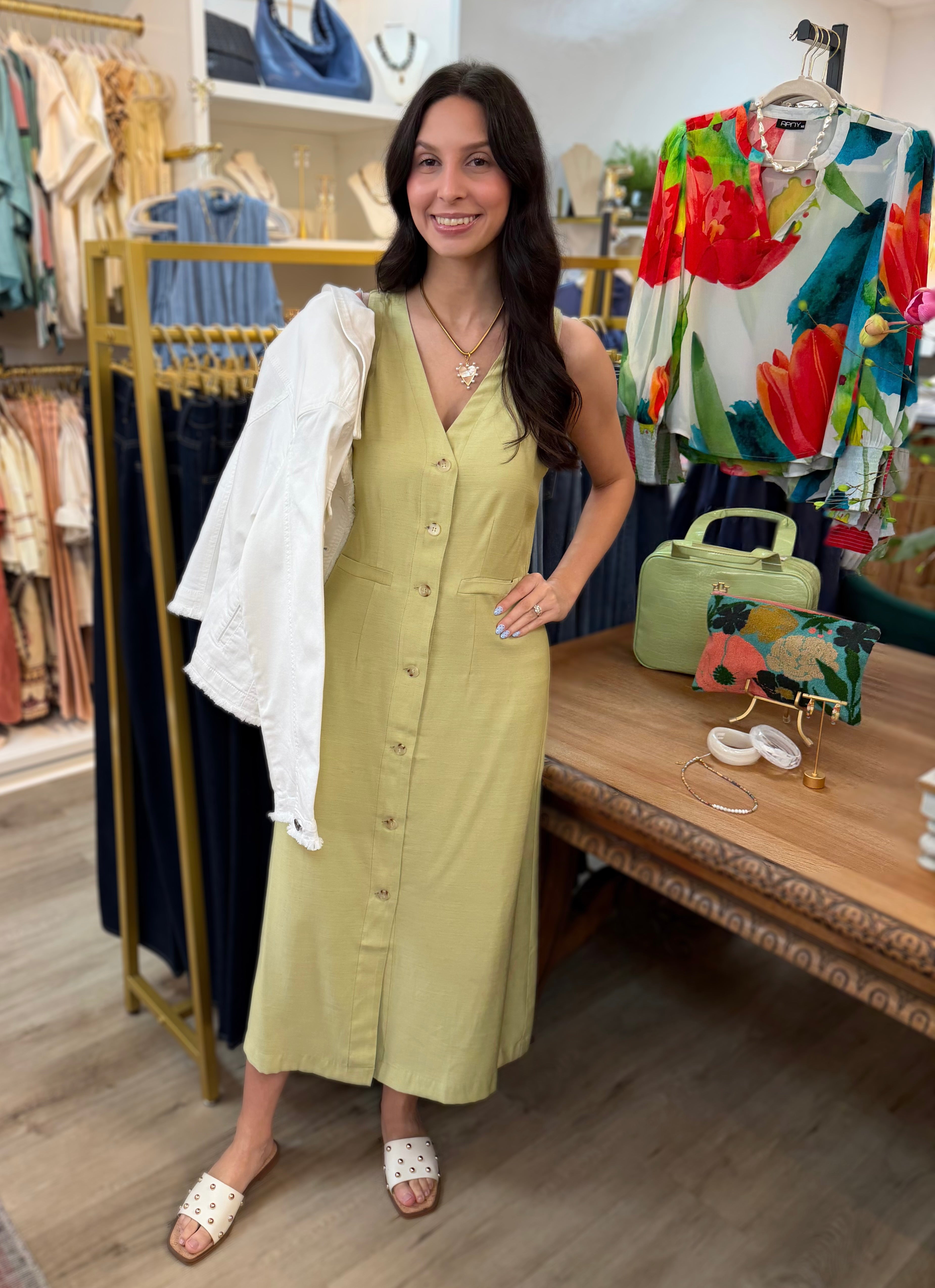 SAGE VNECK BUTTON UP SLEEVELESS MIDI DRESS