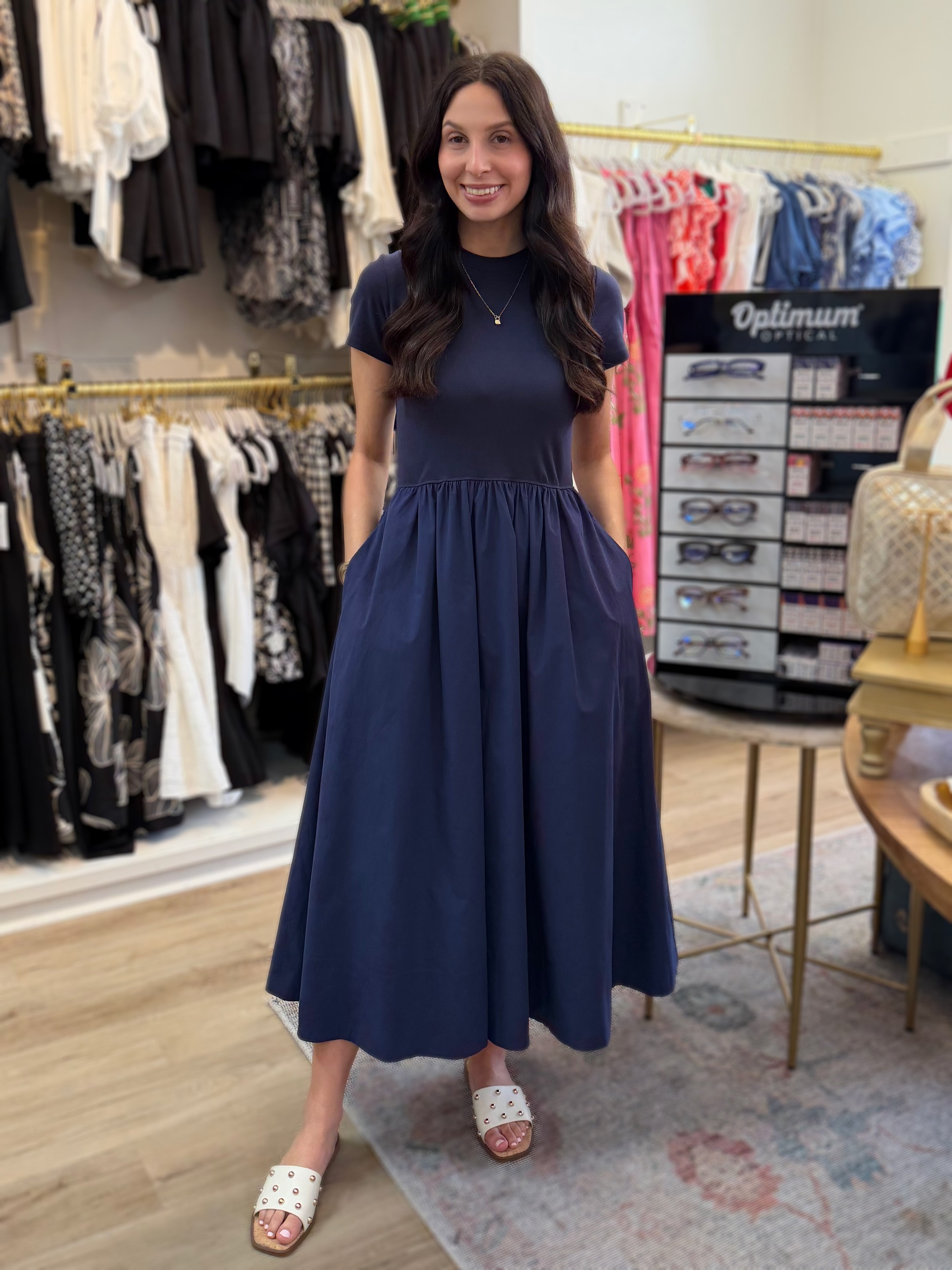 NAVY COTTON SHORT SLEEVE MIXED MEDIA ARIA MIDI DRESS