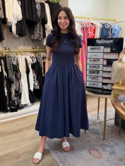 NAVY COTTON SHORT SLEEVE MIXED MEDIA ARIA MIDI DRESS