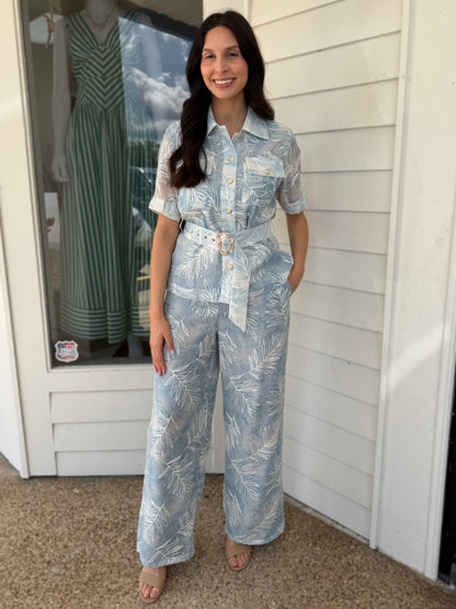 BLUE MULTI FLORAL EMBROIDERY SHORT SLEEVE BUTTON UP TOP AND WIDE LEG PANT SET