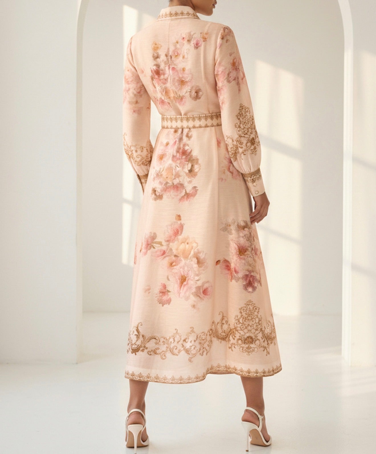 BEIGE MULTI FLORAL PRINT SHEER LONG SLEEVE BELTED BUTTON UP MAXI DRESS