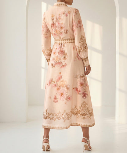 BEIGE MULTI FLORAL PRINT SHEER LONG SLEEVE BELTED BUTTON UP MAXI DRESS