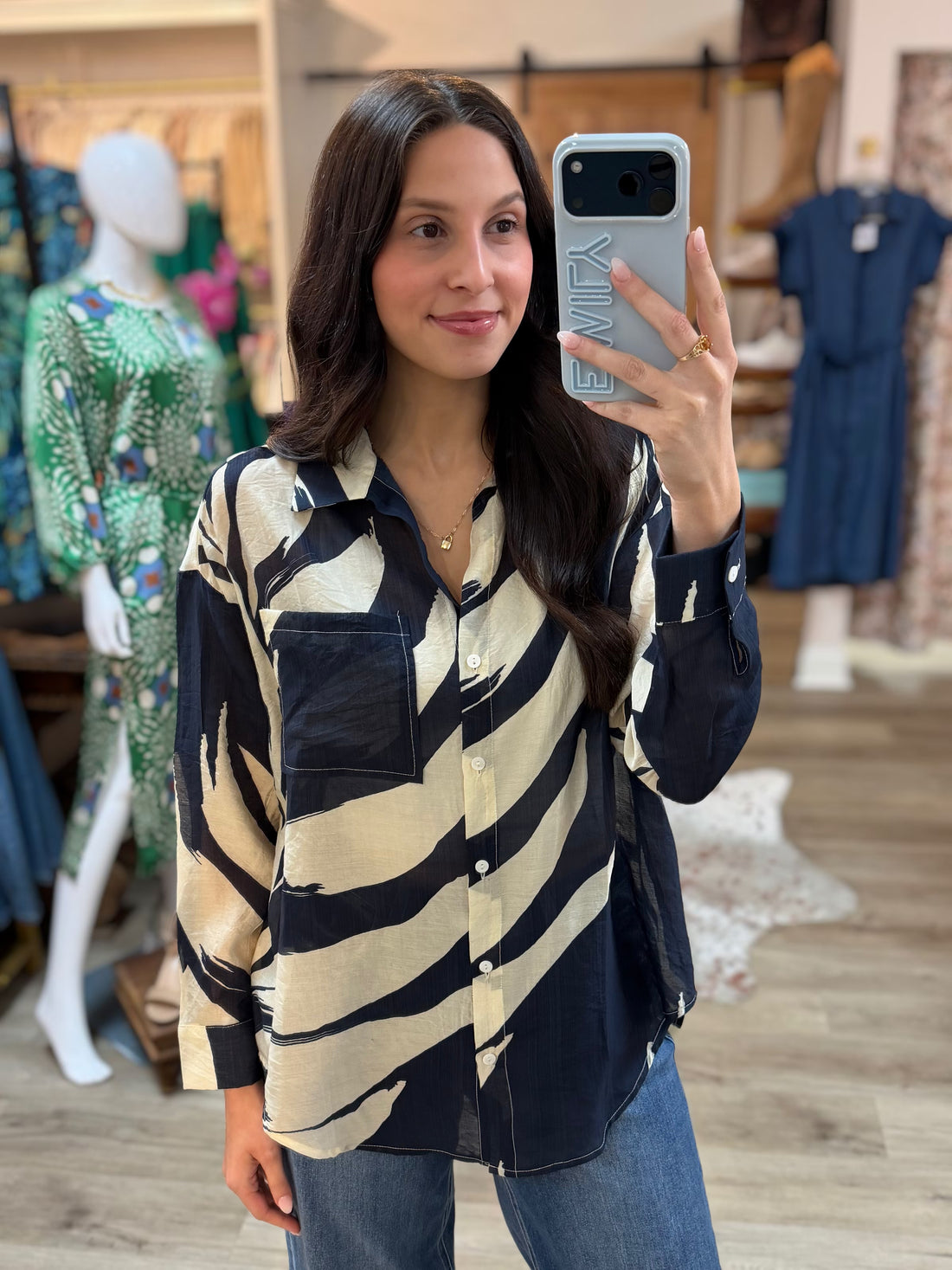 NAVY MULTI PRINTED LONG SLEEVE BUTTON UP TOP