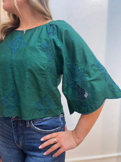 GREEN PINEAPPLE EMBRODIERY ROXANNE TOP
