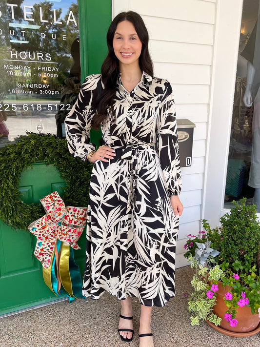 BLACK LEAF PRINT BUTTON UP LONG SLEEVE DRESS