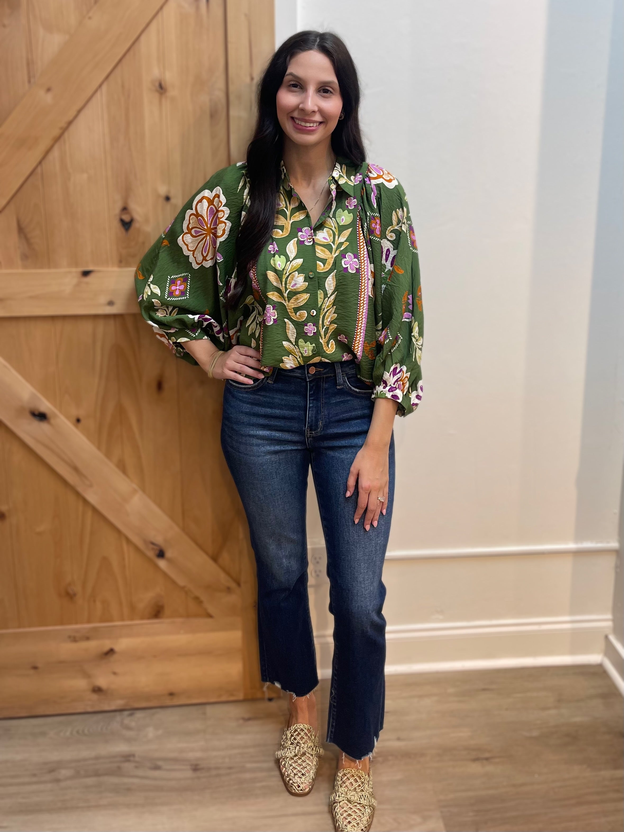 OLIVE MULTI FLORAL PRINT LONG SLEEVE BUTTON UP BLOUSE