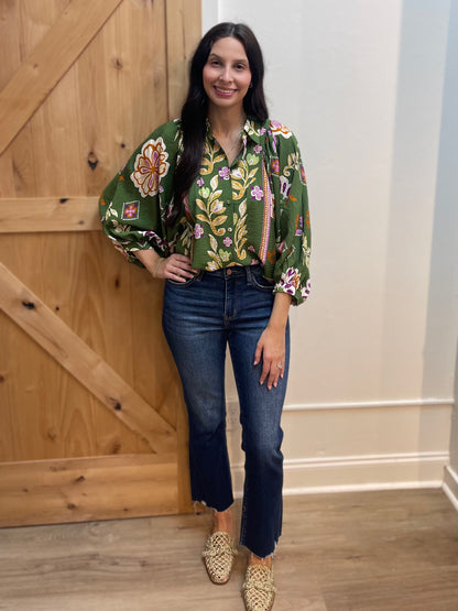 OLIVE MULTI FLORAL PRINT LONG SLEEVE BUTTON UP BLOUSE