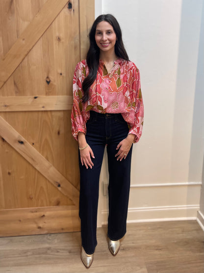 CORAL FLORAL PRINT BATWING LONG SLEEVE BLOUSE