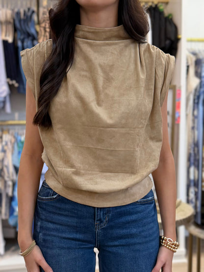 TAUPE SUEDE HIGH NECK SLEEVELESS TOP