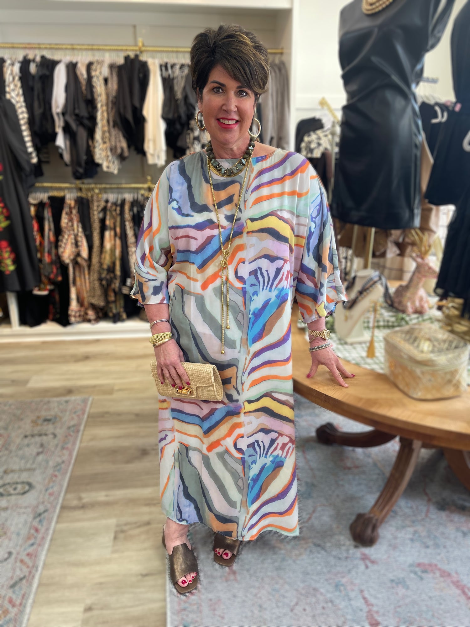MULTI COLOR PRINT PULL OVER  MAXI KAFTAN DRESS