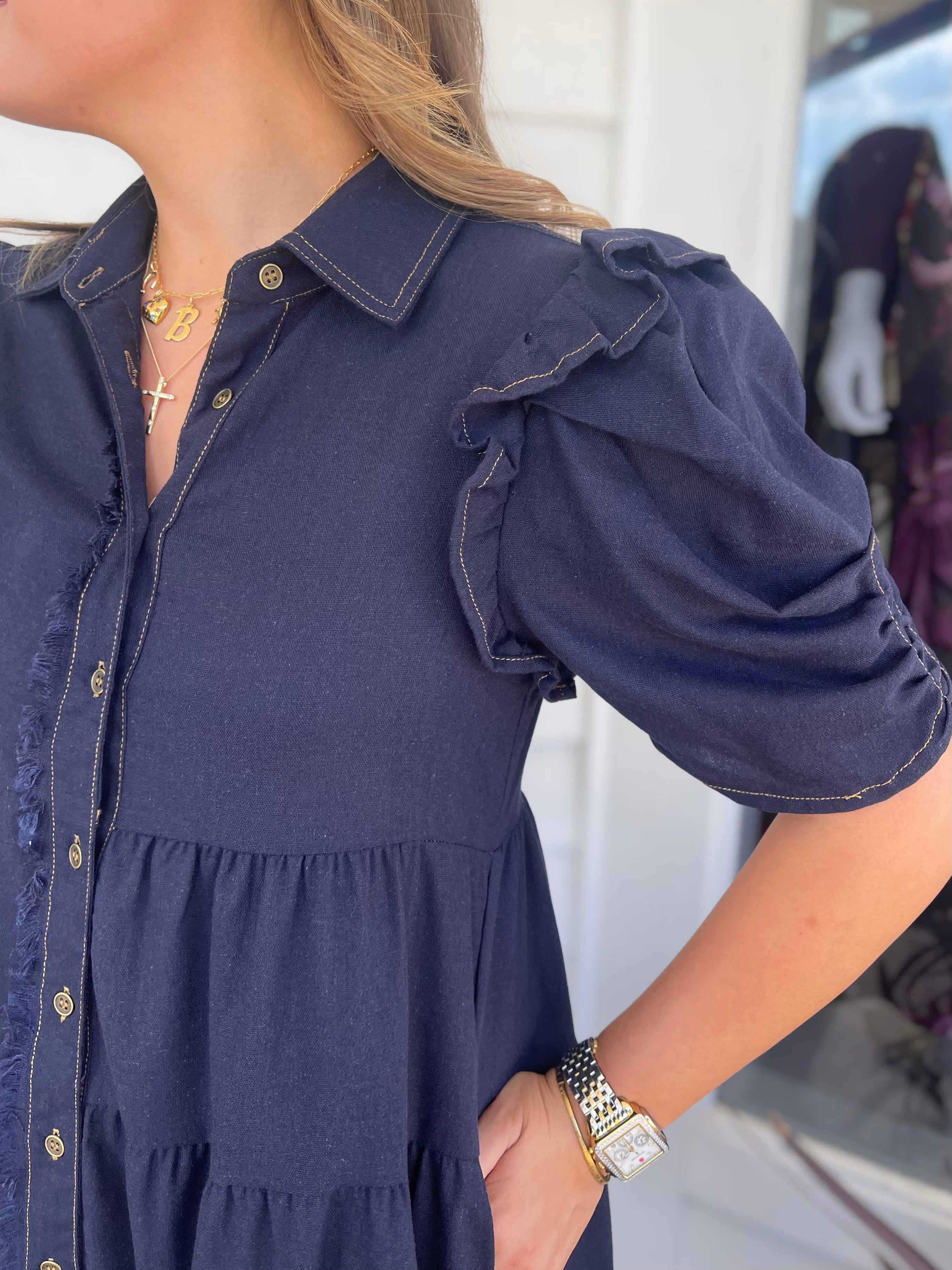 DARK NAVY LINEN BUTTON UP TIERED FRAYED HEM MINI DRESS