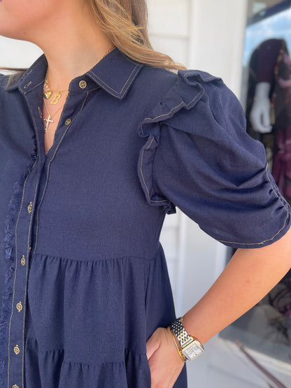 DARK NAVY LINEN BUTTON UP TIERED FRAYED HEM MINI DRESS