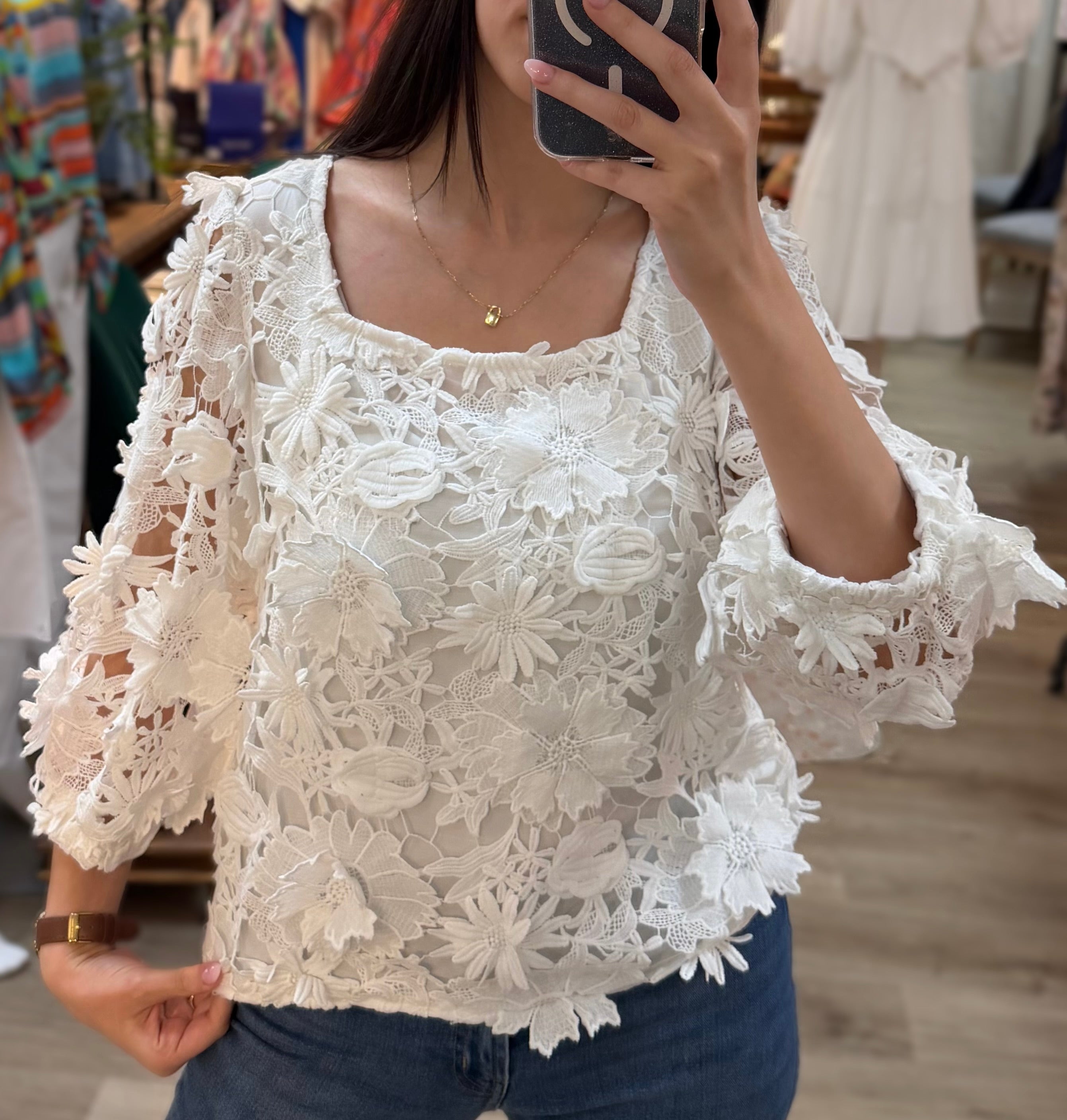 OFF WHITE LACE BILLOWY SLEEVE SQUARE NECK TOP