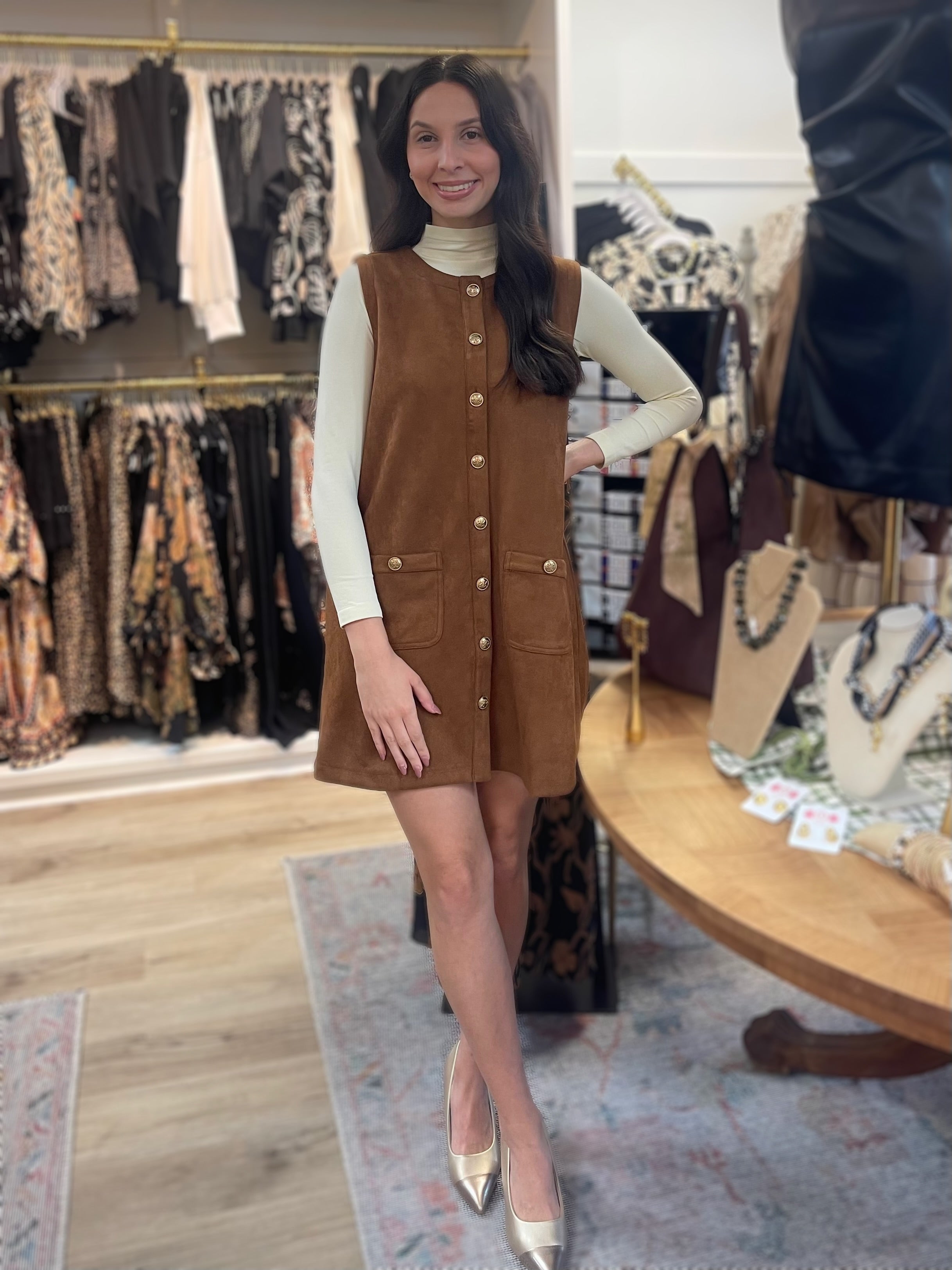 CAMEL SUEDE SLEEVELESS BUTTON UP SHIFT MINI DRESS