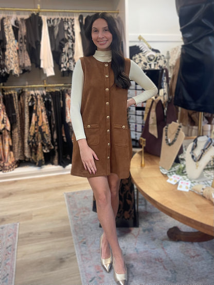 CAMEL SUEDE SLEEVELESS BUTTON UP SHIFT MINI DRESS