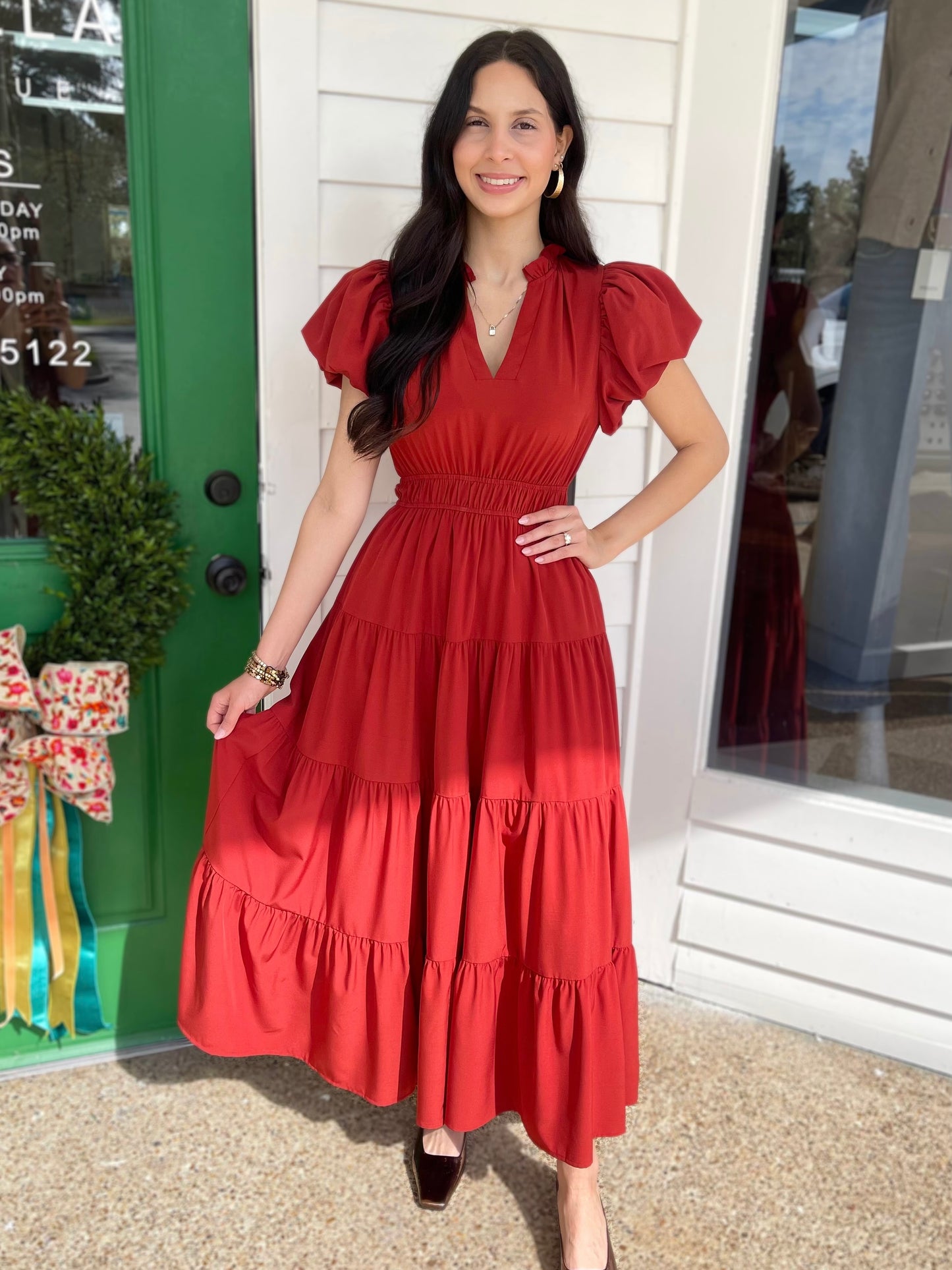 BRICK VNECK BUBBLE SLEEVE TIERED MIDI DRESS